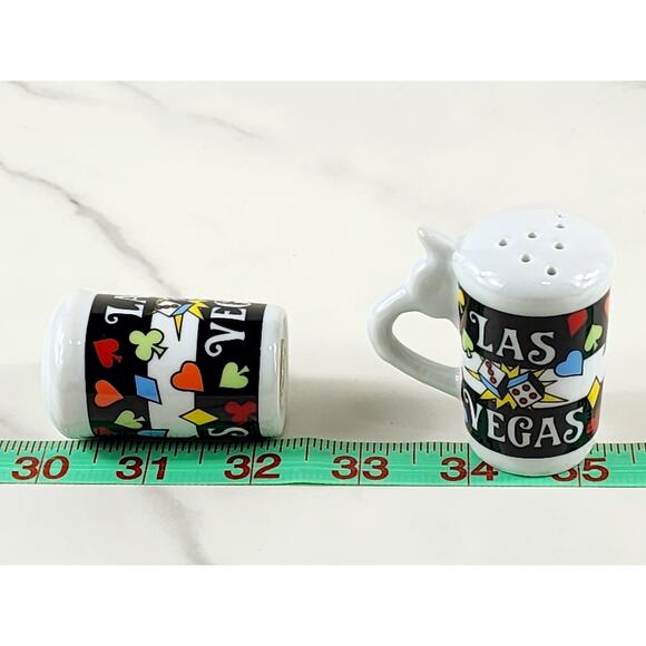 Salt & Pepper Shakers Las Vegas Souvenir 80s Porcelain 2 1/4" Cards Dice Design - Picture 12 of 12